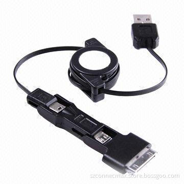 3-in-1 retractable USB charger cable, multifunction USB AM to mini USB/micro USB/30 pin cable